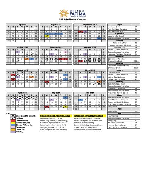 Our Lady of Fatima School Calendar Highlights 2024.